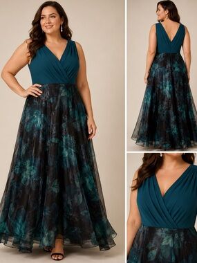 Eliza J Teal and Black Floral V-Neck Maxi Dress